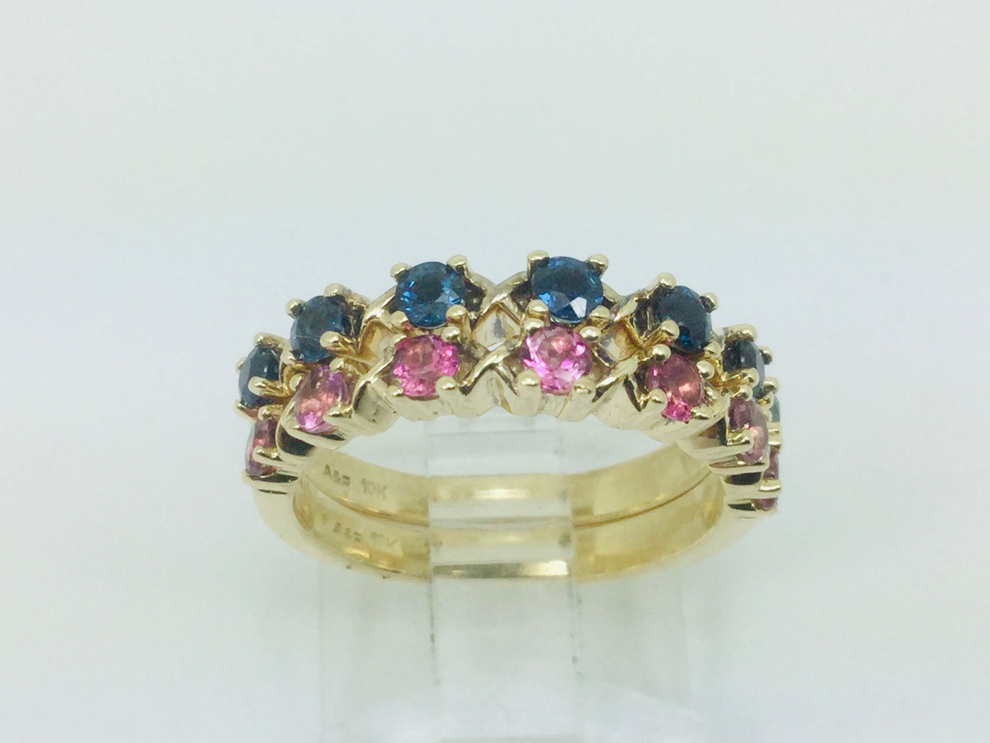 10k Yellow Gold Round Cut 42pt Blue Topaz & 20pt Rose Tourmaline Ring Set