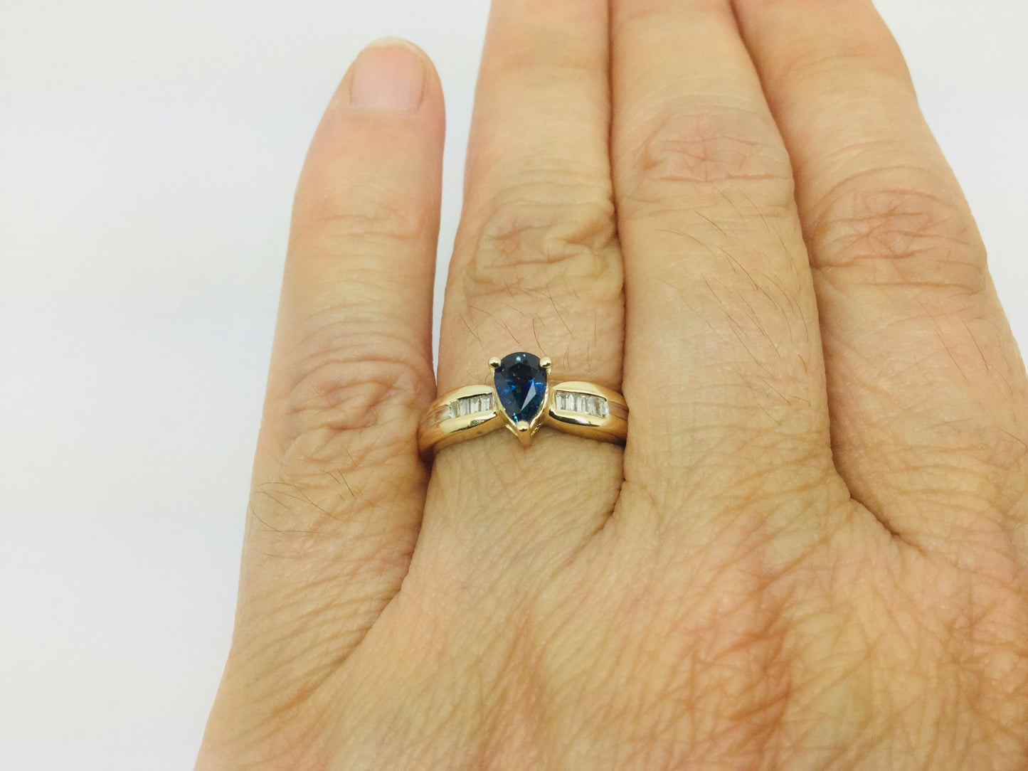 10k Yellow Gold Pear Cut 50pt Sapphire September Birthstone & Diamond Ring
