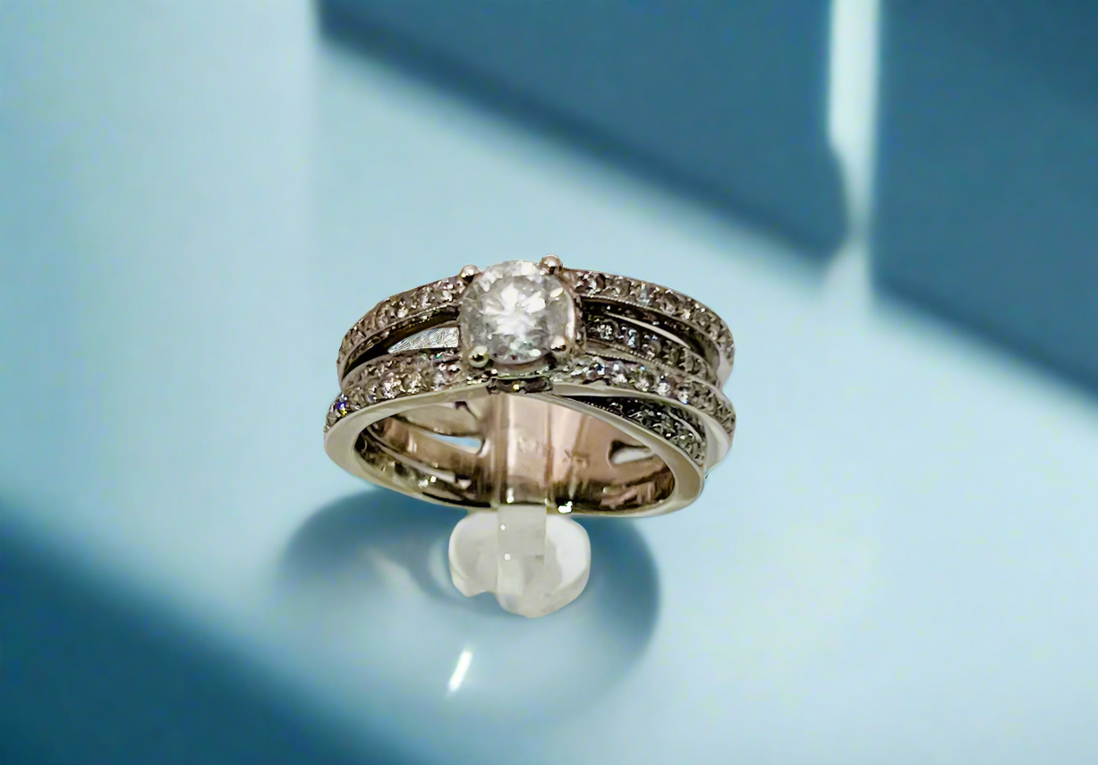14k White Gold Brilliant Cut 98pt Diamond and Row Set Accent Ring