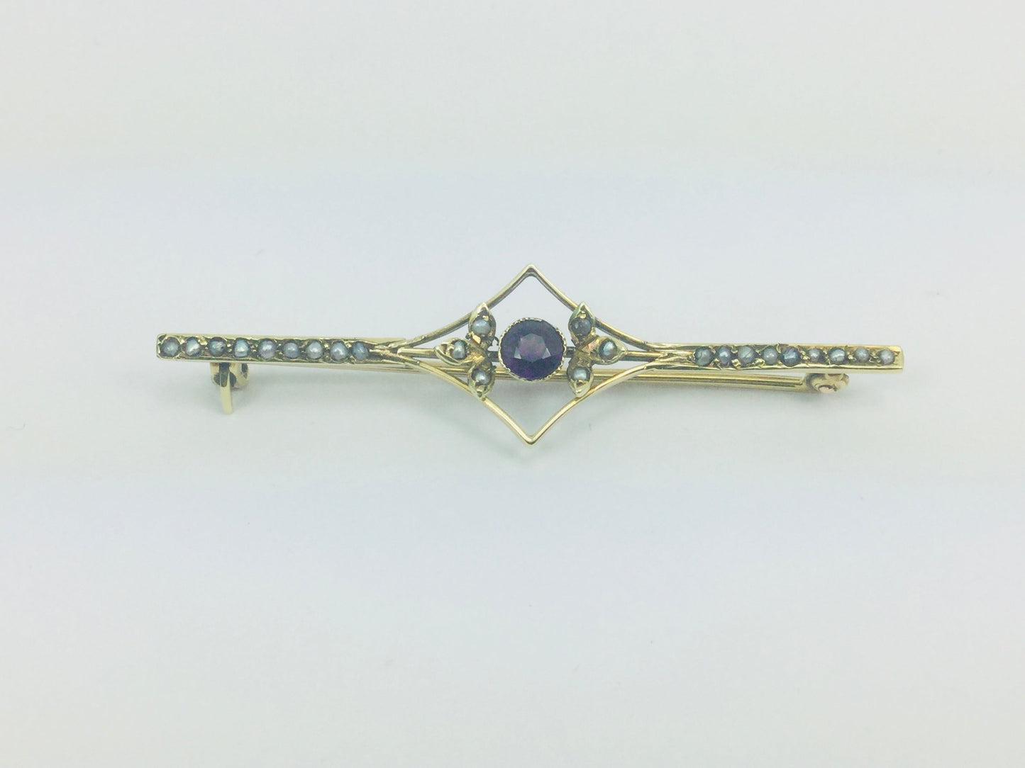 14k Yellow Gold Amethyst and Seed Pearl Vintage Brooch Pin