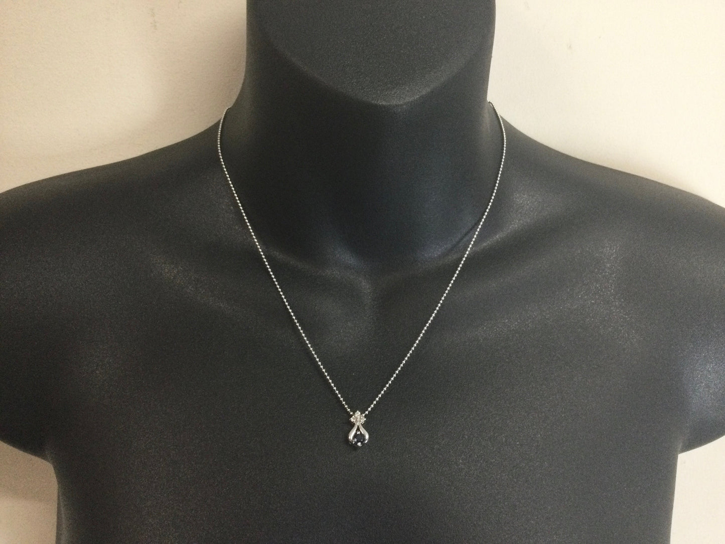 Platinum Round Cut 25pt Sapphire & Diamond Pendent and 14k White Gold Chain