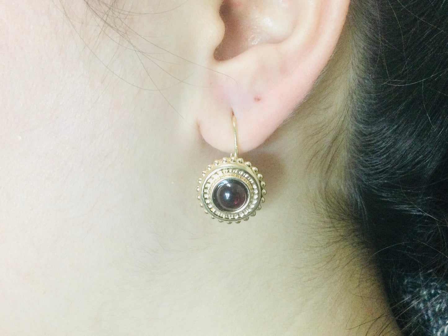 14k Yellow Gold Round Cut Cabochon Garnet January Birthstone Earrings