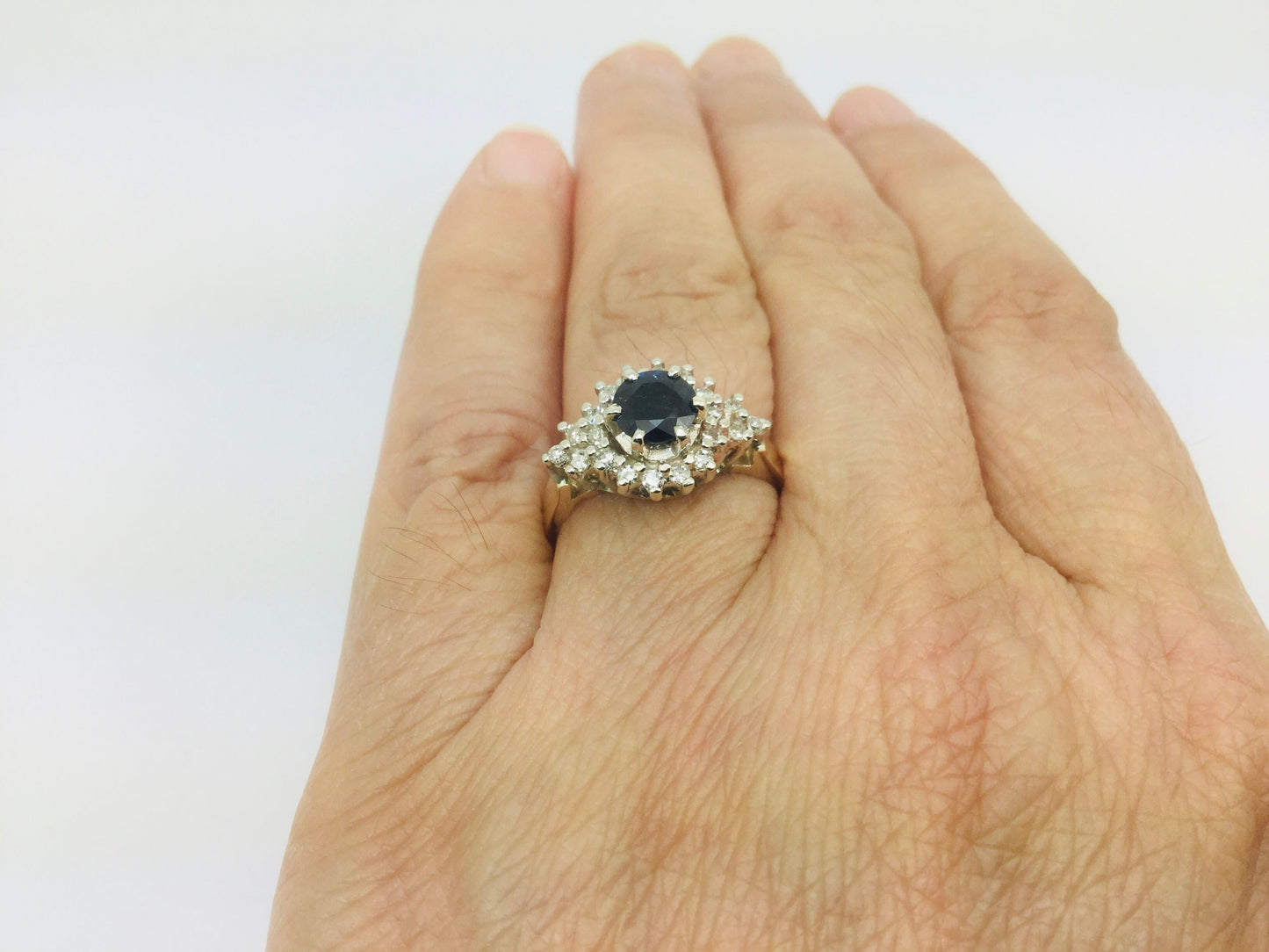 14k Yellow Gold Round Cut 65pt Sapphire & 20pt Diamond Cluster Ring