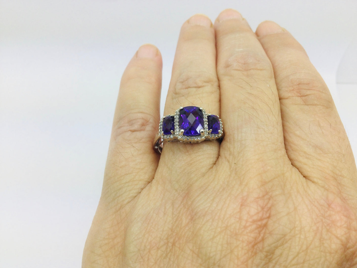 10k White Gold Cushion Cut Amethyst February Birthstone & Diamond Halo Ring