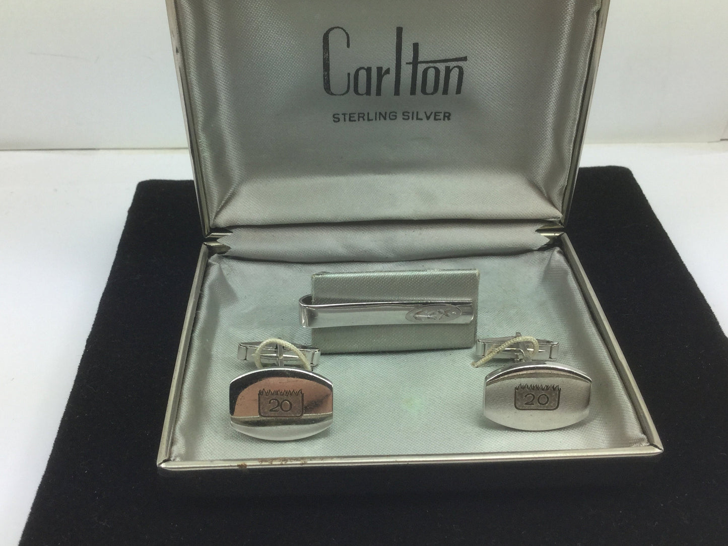 Carlton Sterling Silver 20th Anniversary Cuff Link & Tie Bar Set