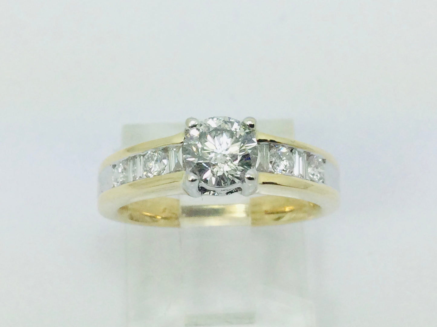 14k Yellow Gold Round and Baguette Cut 92pt Engagement Diamond Ring