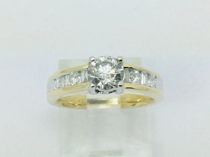 14k Yellow Gold Round and Baguette Cut 92pt Engagement Diamond Ring