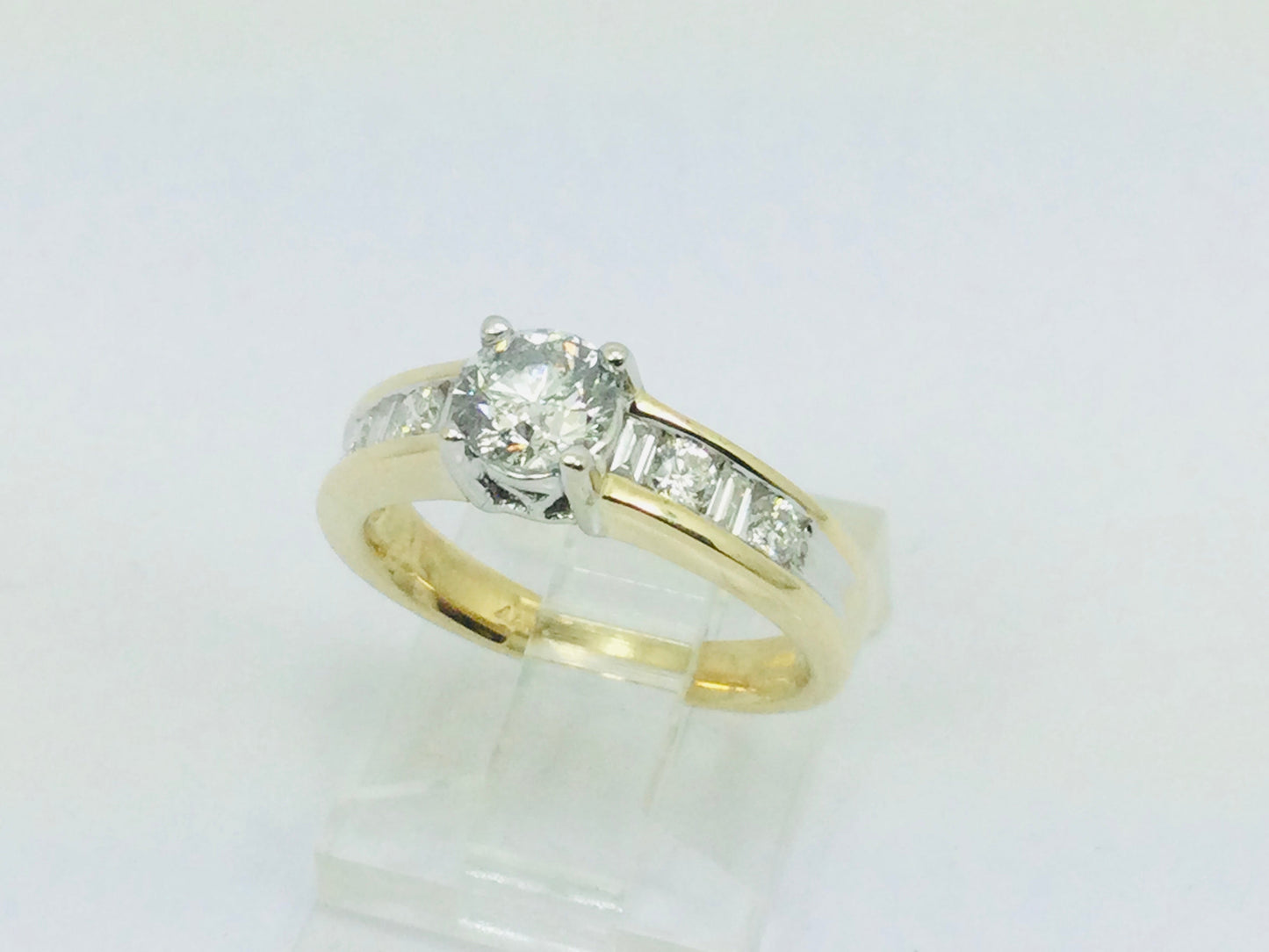 14k Yellow Gold Round and Baguette Cut 92pt Engagement Diamond Ring