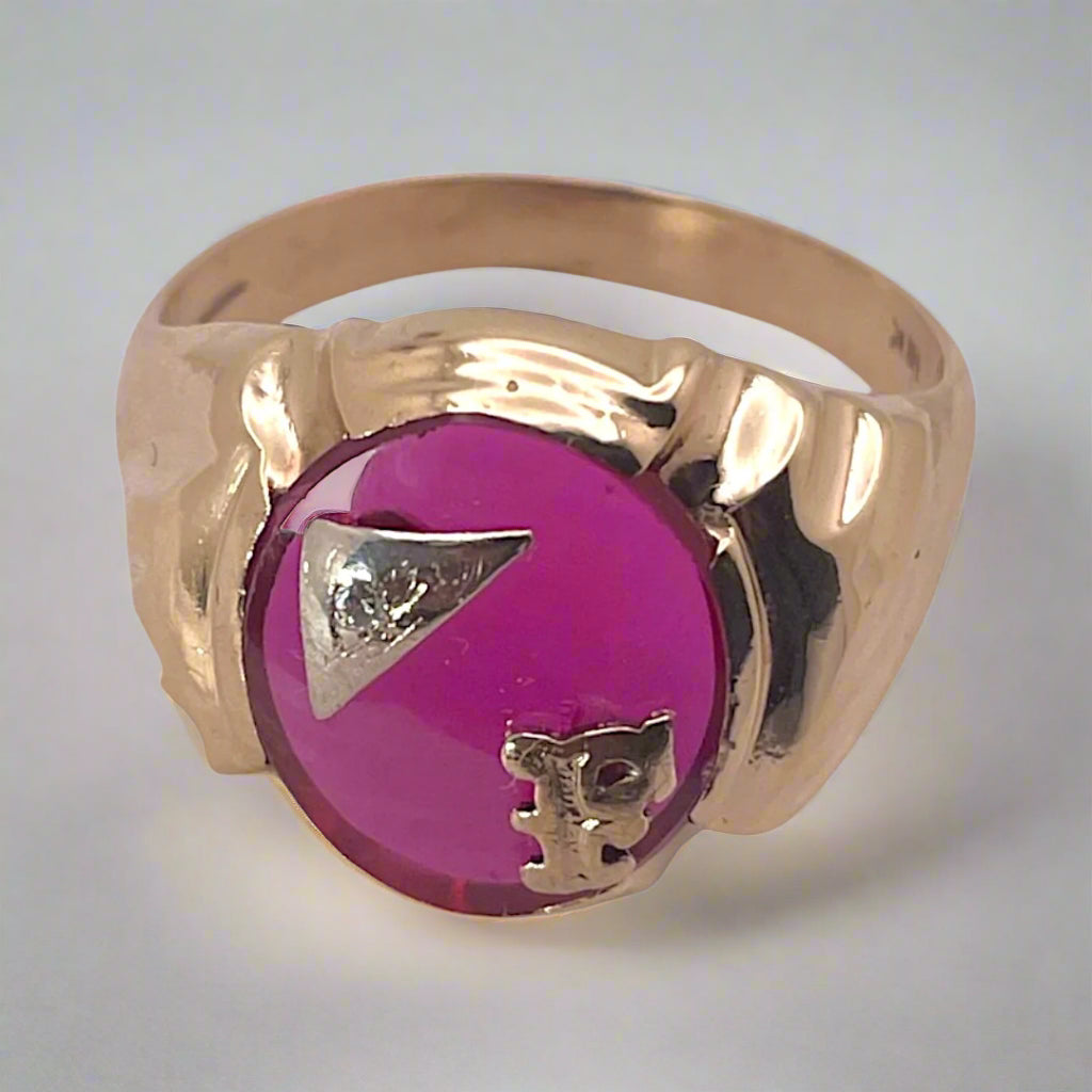 10K Yellow Gold Initial 'F' Pink Ruby Stone Ring with Diamond