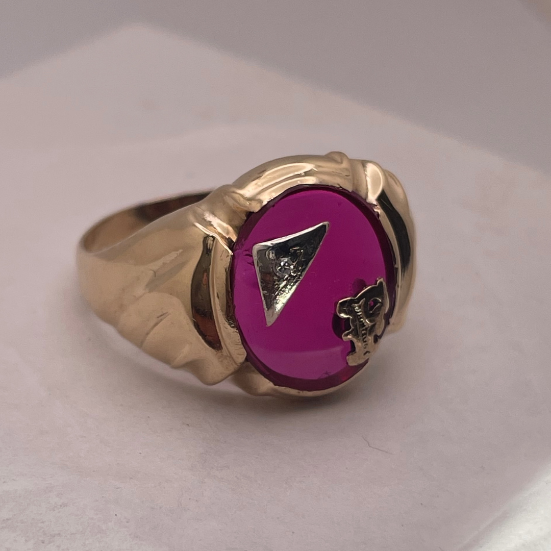 10K Yellow Gold Initial 'F' Pink Ruby Stone Ring with Diamond