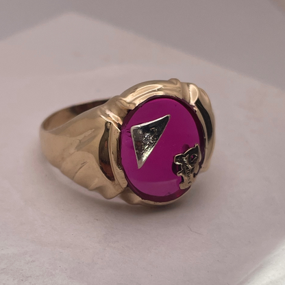 10K Yellow Gold Initial 'F' Pink Ruby Stone Ring with Diamond