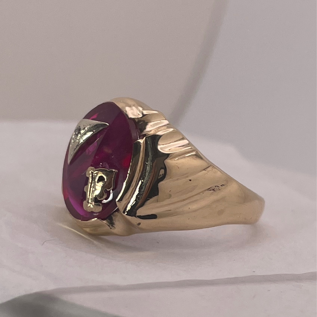 10K Yellow Gold Initial 'F' Pink Ruby Stone Ring with Diamond