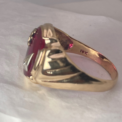 10K Yellow Gold Initial 'F' Pink Ruby Stone Ring with Diamond