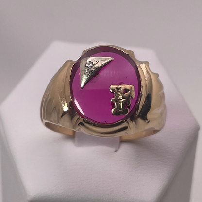 10K Yellow Gold Initial 'F' Pink Ruby Stone Ring with Diamond