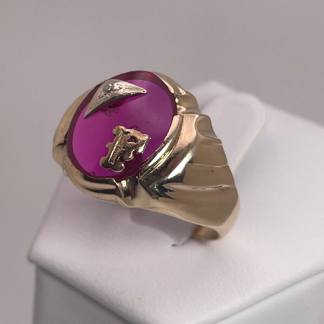 10K Yellow Gold Initial 'F' Pink Ruby Stone Ring with Diamond
