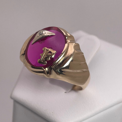 10K Yellow Gold Initial 'F' Pink Ruby Stone Ring with Diamond