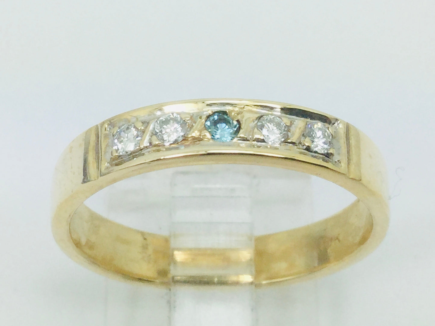 10k Yellow Gold Round Cut 14pt Diamond & Blue Topaz Row Set Band Ring