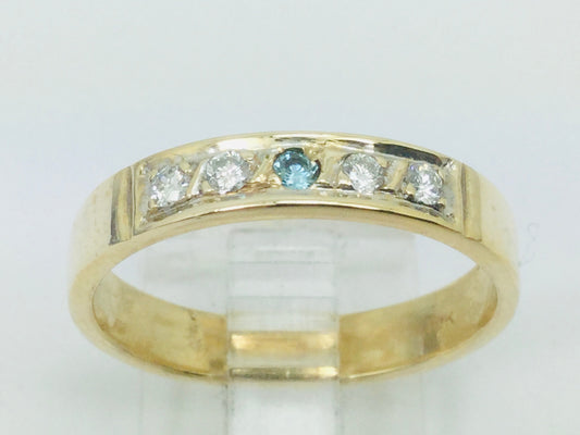 10k Yellow Gold Round Cut 14pt Diamond & Blue Topaz Row Set Band Ring