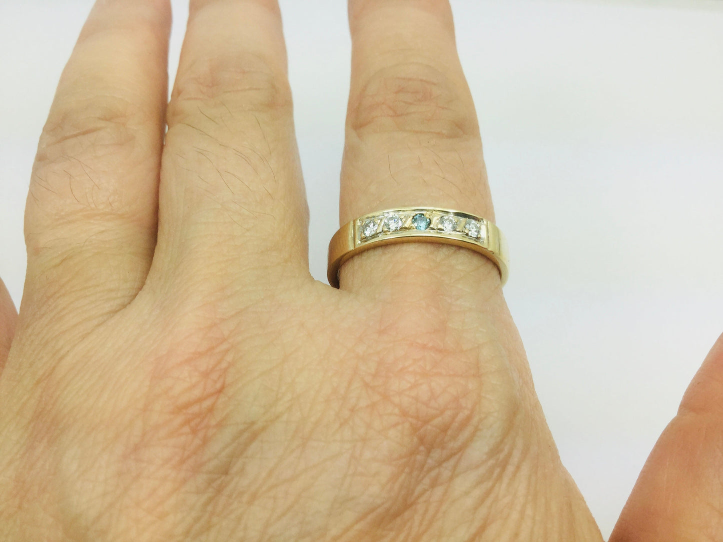 10k Yellow Gold Round Cut 14pt Diamond & Blue Topaz Row Set Band Ring