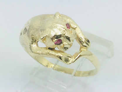 10k Yellow Gold Round Cut Ruby July Birthstone Eye Panther Ring