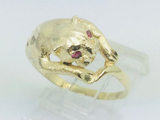 10k Yellow Gold Round Cut Ruby July Birthstone Eye Panther Ring