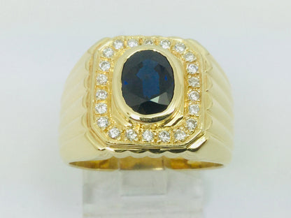 18k Yellow Gold Oval Cut 1ct Sapphire & 22pt Diamond Halo Ring