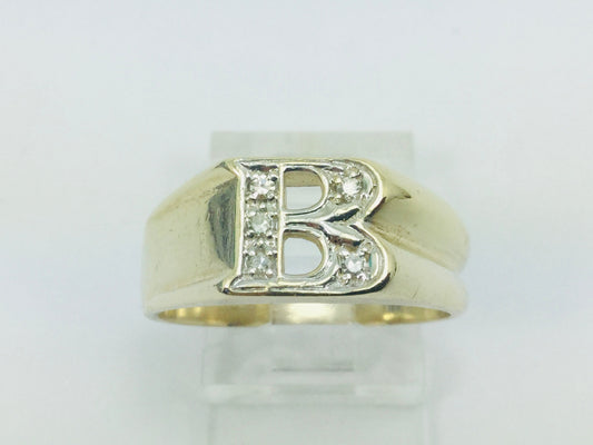 10k Yellow Gold Round Cut 5pt Diamond Letter 'B' Initial Ring