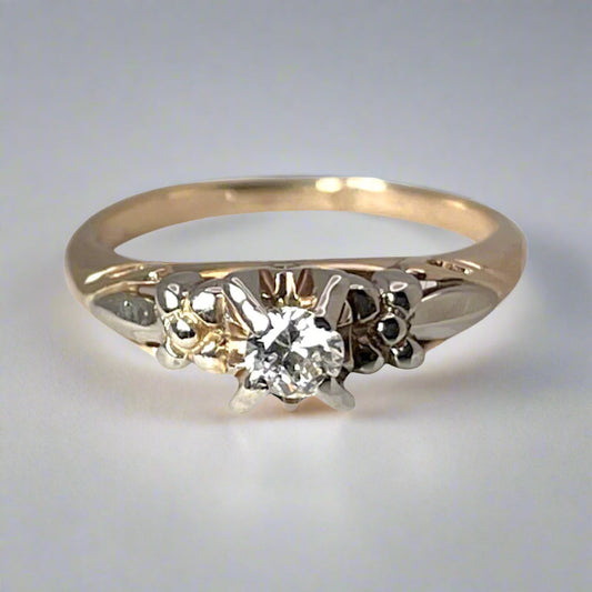 14k Yellow and White Gold Old European Cut 0.14ct Diamond Solitaire Ring