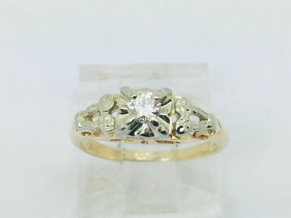 14k Yellow and White Gold Round Cut 11pt Diamond Solitaire Vintage Ring