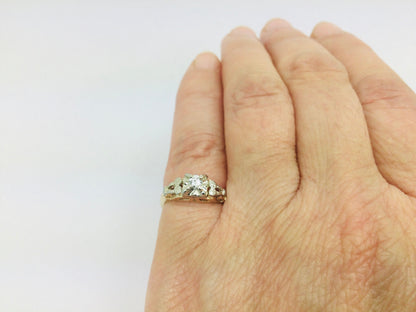 14k Yellow and White Gold Round Cut 11pt Diamond Solitaire Vintage Ring