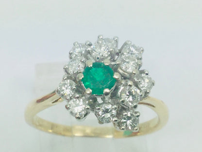 14k Yellow Gold Round Cut 20pt Emerald May Birthstone & 72pt Diamond Cluster Ring
