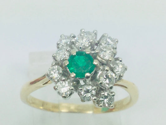 14k Yellow Gold Round Cut 20pt Emerald May Birthstone & 72pt Diamond Cluster Ring