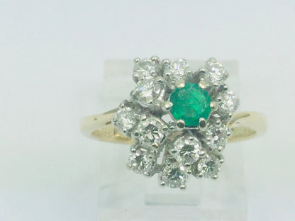 14k Yellow Gold Round Cut 20pt Emerald May Birthstone & 72pt Diamond Cluster Ring