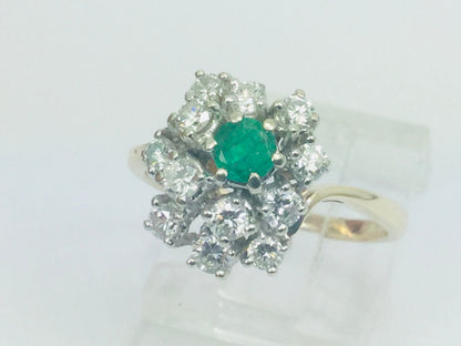 14k Yellow Gold Round Cut 20pt Emerald May Birthstone & 72pt Diamond Cluster Ring