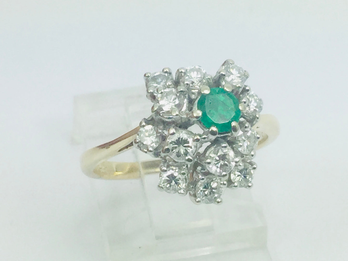 14k Yellow Gold Round Cut 20pt Emerald May Birthstone & 72pt Diamond Cluster Ring