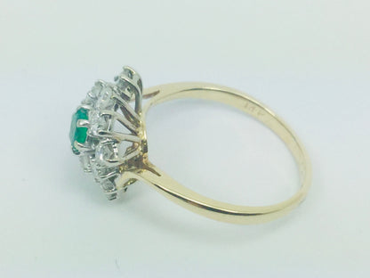 14k Yellow Gold Round Cut 20pt Emerald May Birthstone & 72pt Diamond Cluster Ring