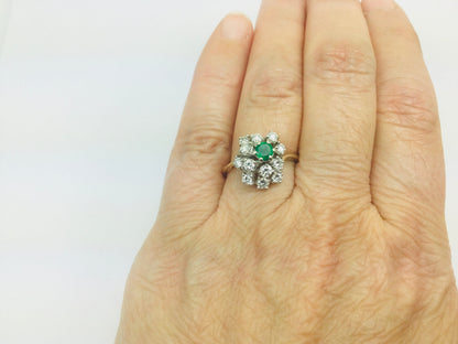 14k Yellow Gold Round Cut 20pt Emerald May Birthstone & 72pt Diamond Cluster Ring