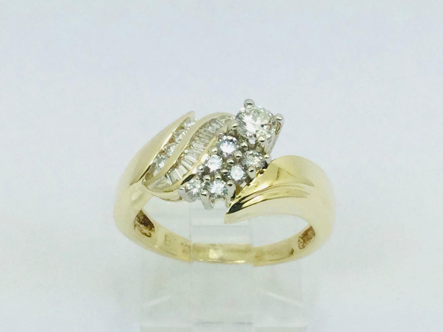 14k Yellow Gold Round and Baguette Cut 0.70ct Diamond Cluster Ring