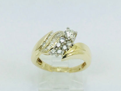 14k Yellow Gold Round and Baguette Cut 0.70ct Diamond Cluster Ring