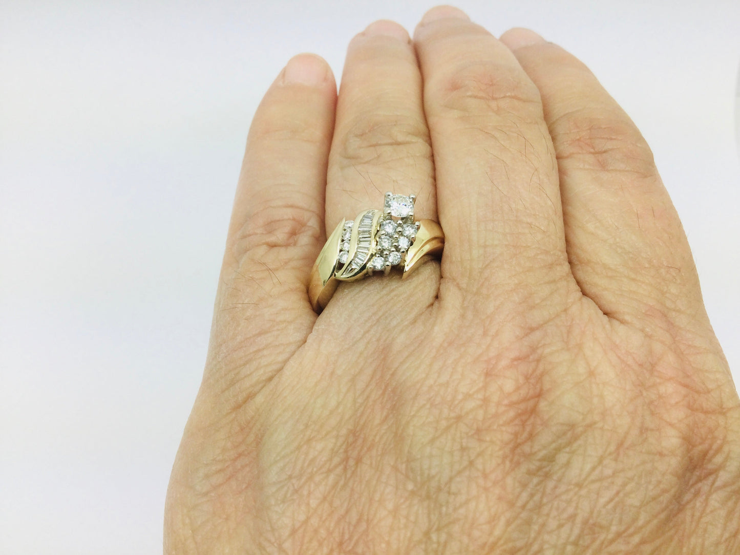 14k Yellow Gold Round and Baguette Cut 0.70ct Diamond Cluster Ring