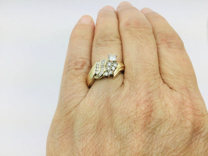 14k Yellow Gold Round and Baguette Cut 0.70ct Diamond Cluster Ring