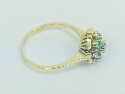 14k Yellow Gold Round Cut 12pt Emerald May Birthstone & 10pt Diamond Floral Ring