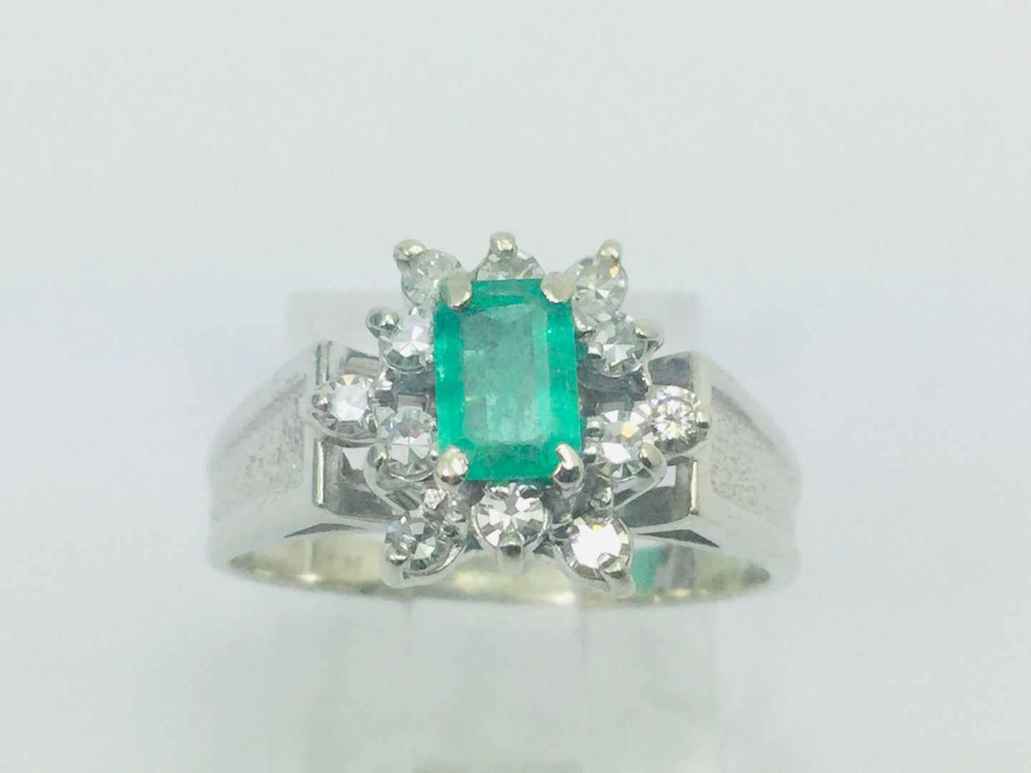 14k White Gold Emerald Cut 0.50ct Emerald May Birthstone & 0.24ct Diamond Cluster Ring