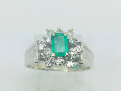 14k White Gold Emerald Cut 0.50ct Emerald May Birthstone & 0.24ct Diamond Cluster Ring