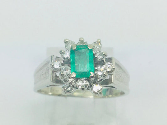 14k White Gold Emerald Cut 0.50ct Emerald May Birthstone & 0.24ct Diamond Cluster Ring