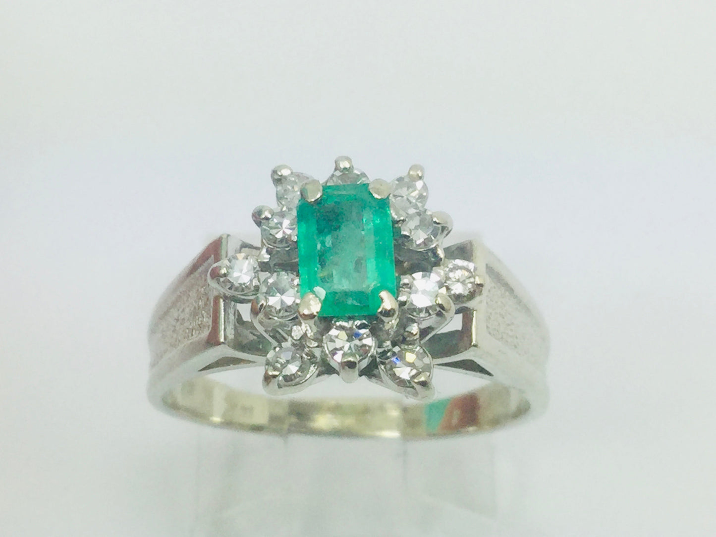 14k White Gold Emerald Cut 0.50ct Emerald May Birthstone & 0.24ct Diamond Cluster Ring