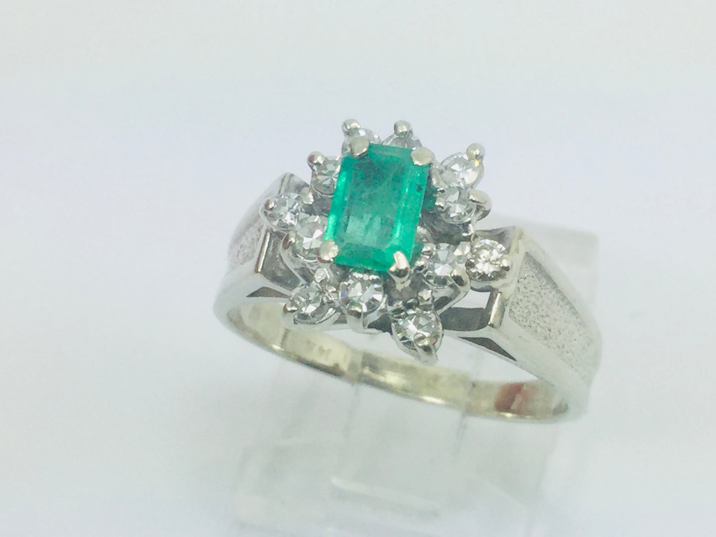 14k White Gold Emerald Cut 0.50ct Emerald May Birthstone & 0.24ct Diamond Cluster Ring