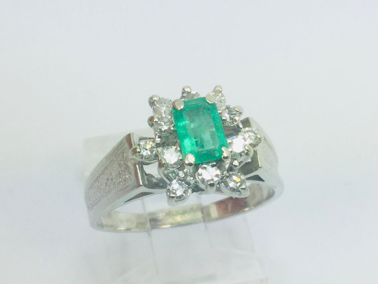 14k White Gold Emerald Cut 0.50ct Emerald May Birthstone & 0.24ct Diamond Cluster Ring