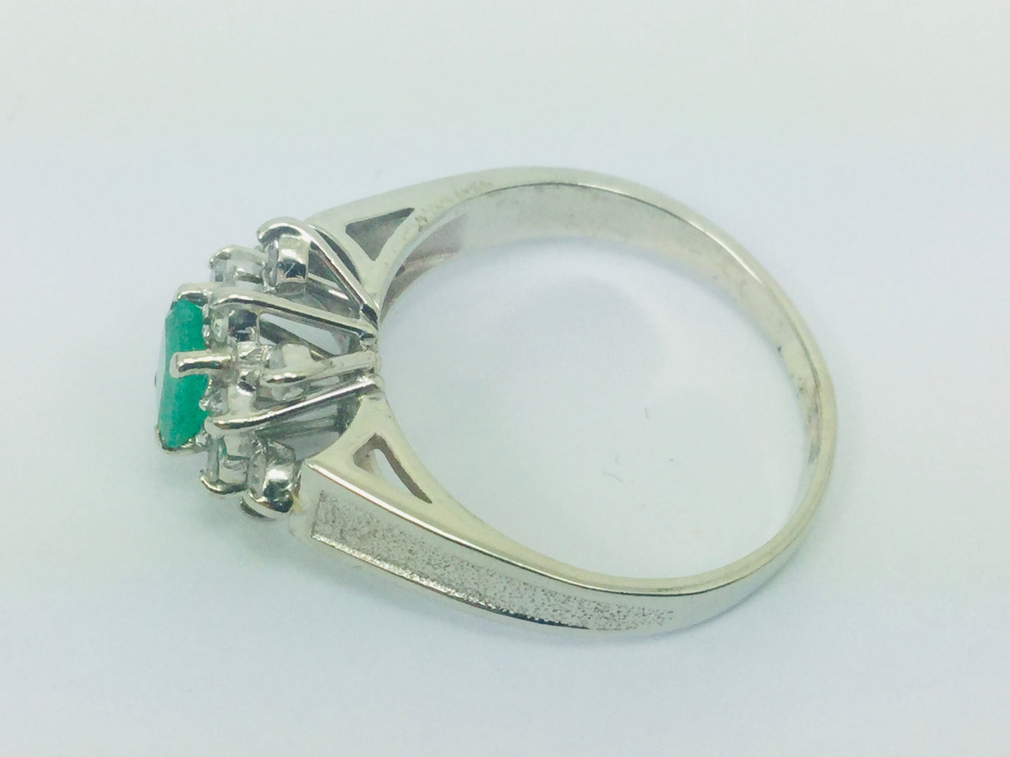 14k White Gold Emerald Cut 0.50ct Emerald May Birthstone & 0.24ct Diamond Cluster Ring