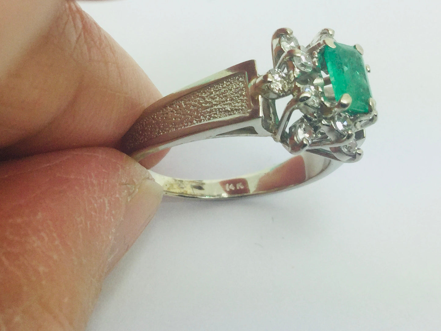 14k White Gold Emerald Cut 0.50ct Emerald May Birthstone & 0.24ct Diamond Cluster Ring